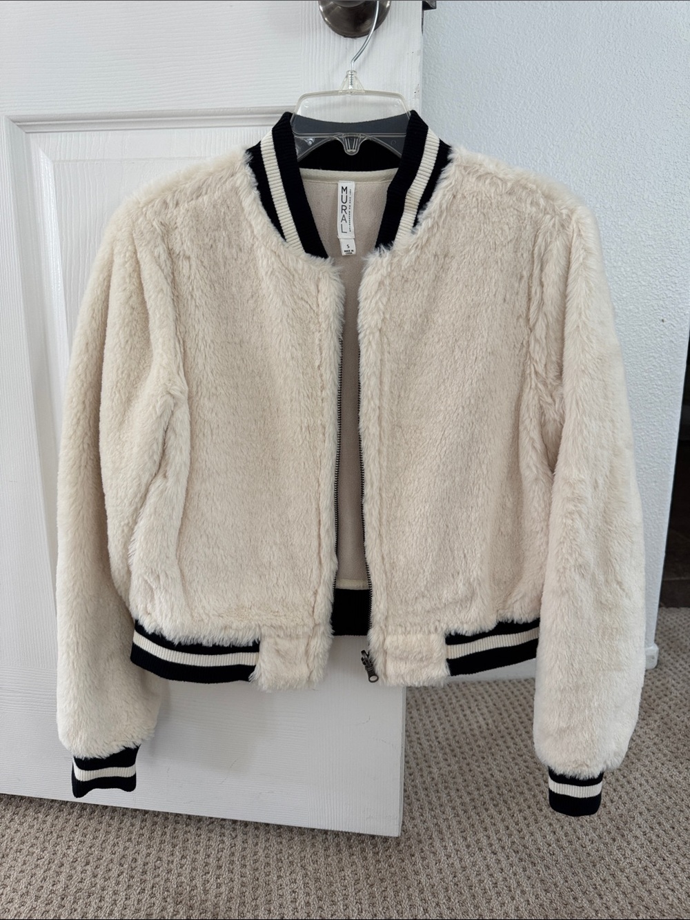 Mural Cream Faux Fur Bomber Jacket with Black-Trim Ribbing